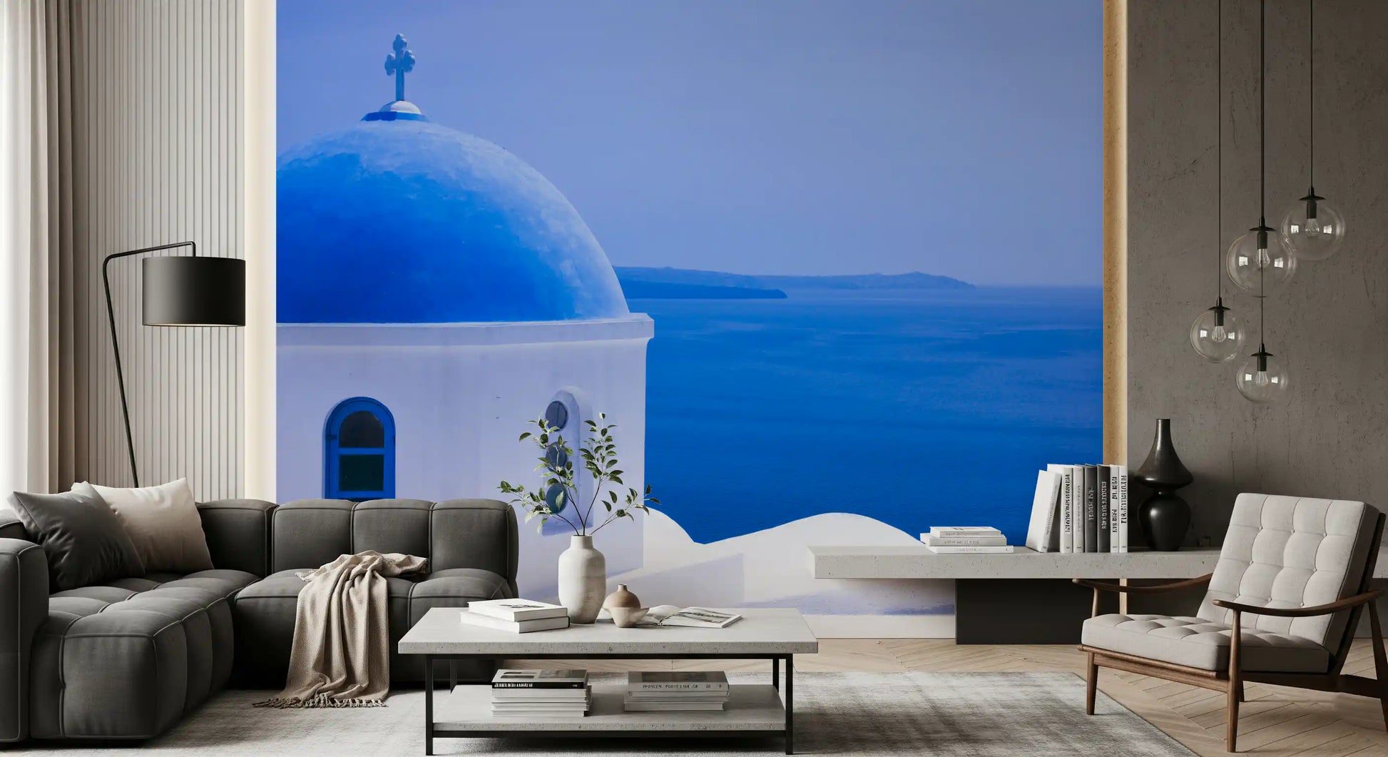Aegean Serenity: Santorini Blue Dome Wall Mural