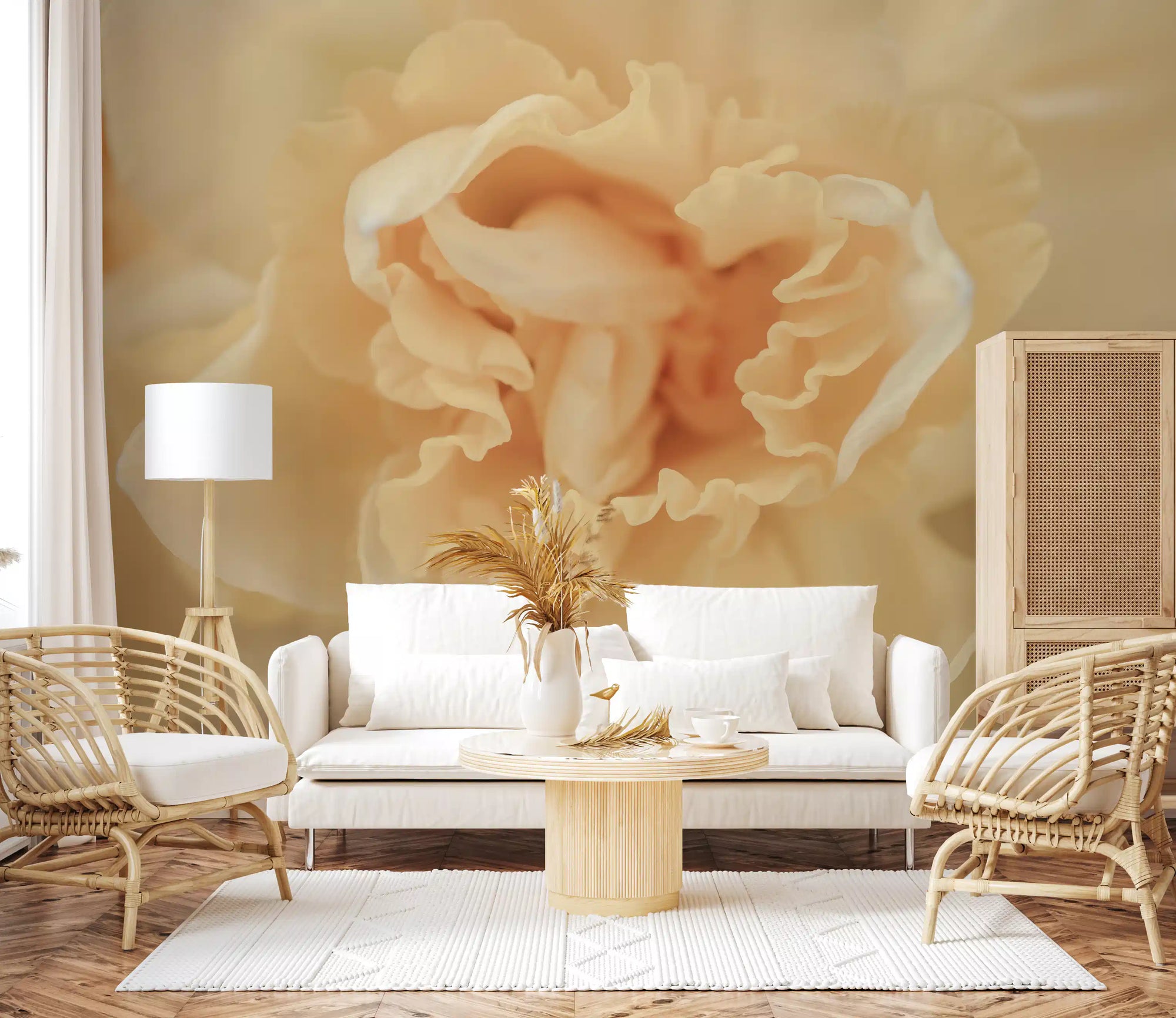 Soft peach ruffled bloom mural with layered cream petals and ivory light in living room GD10906 