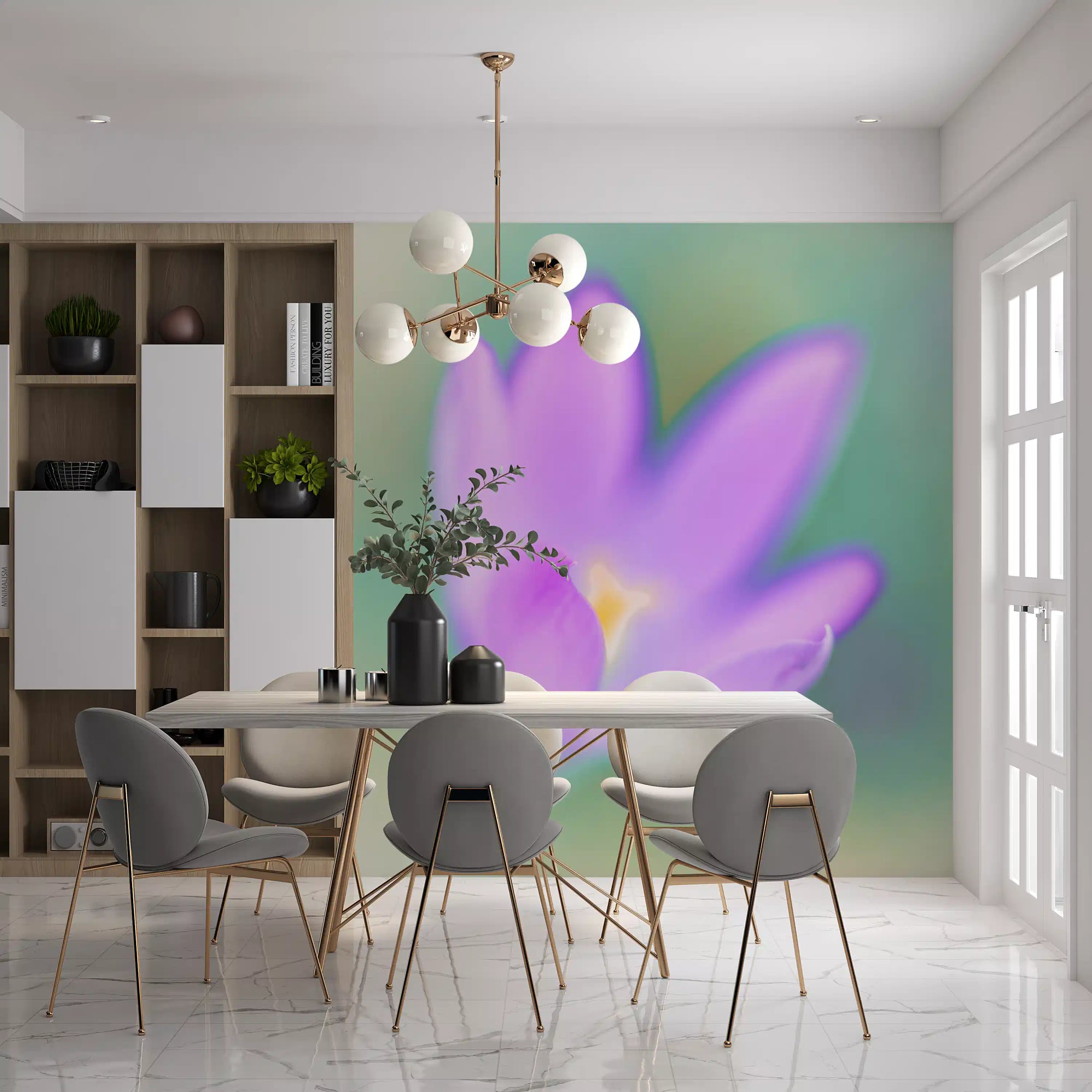 Soft lavender crocus mural with violet petals and a buttery yellow centre in dining room GD10907