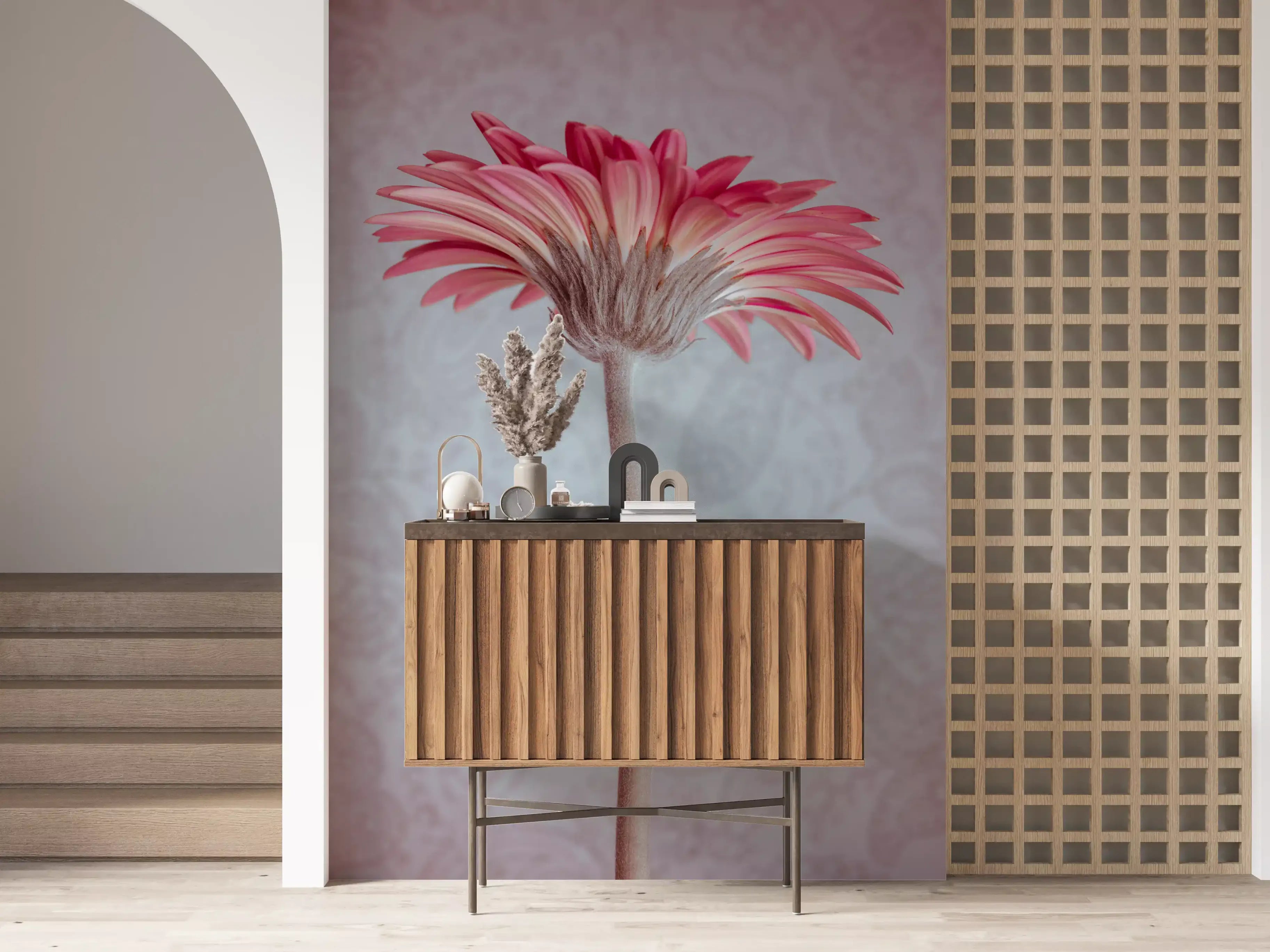 Pink gerbera bloom mural with blush petals and a dusty cream centre in hallway GD10908