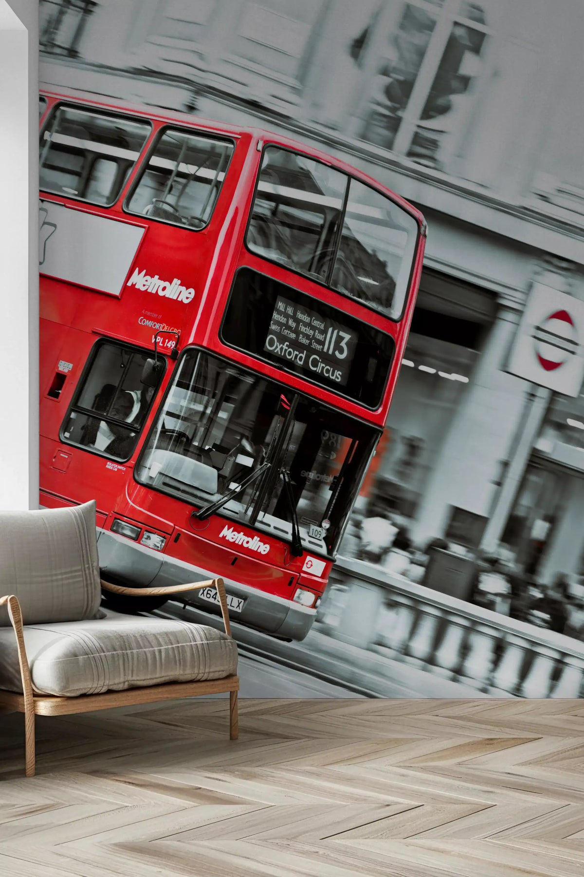 Red double decker bus mural at Oxford Circus with soft motion blur in hallway GD10909 