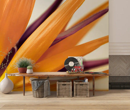 Bird of paradise mural with sharp orange petals and deep purple spines in hallway GD10912 