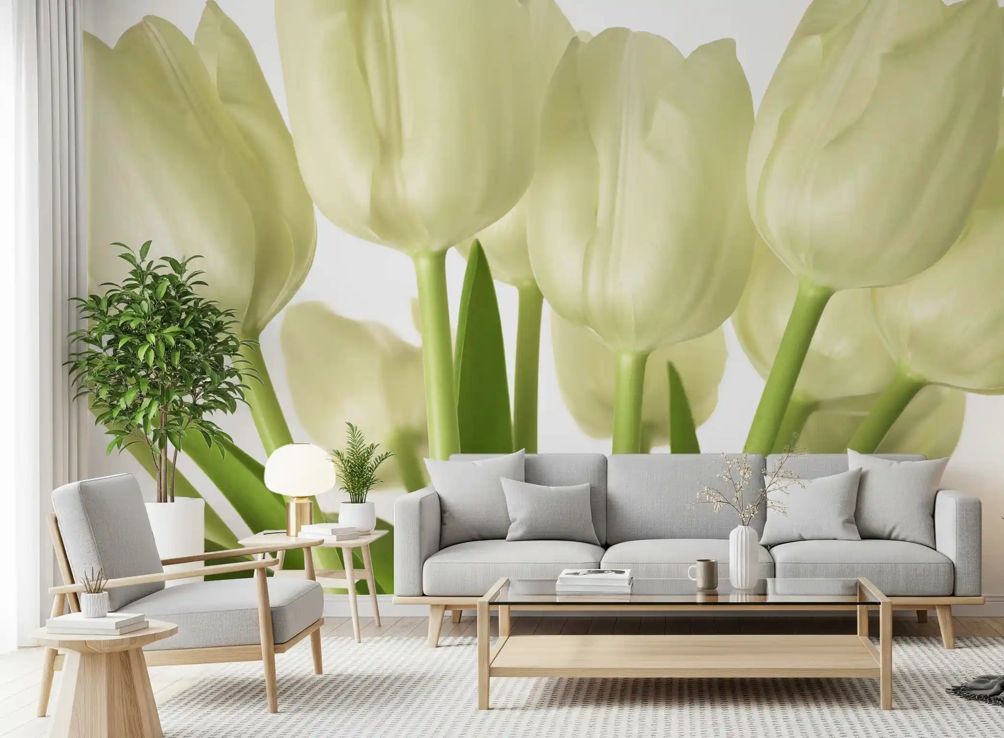 White tulip mural with cupped ivory blooms and grassy green stems in living room GD10913