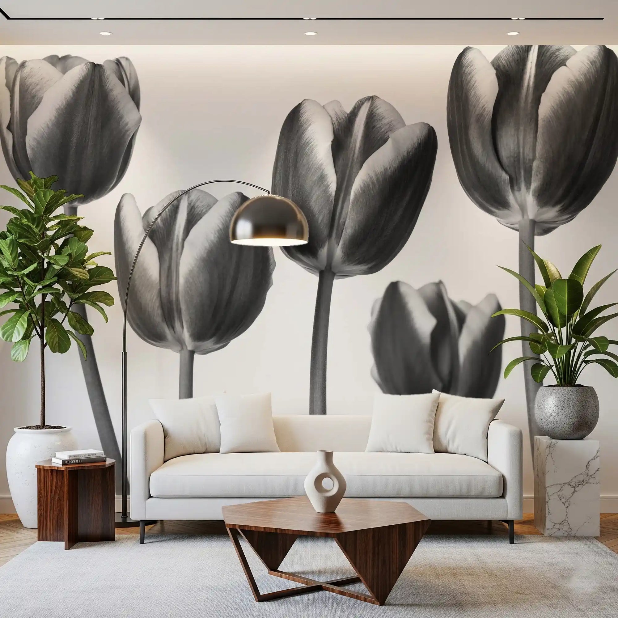 Monochrome tulip mural with five tall blooms in soft greyscale tones for living room GD10914 