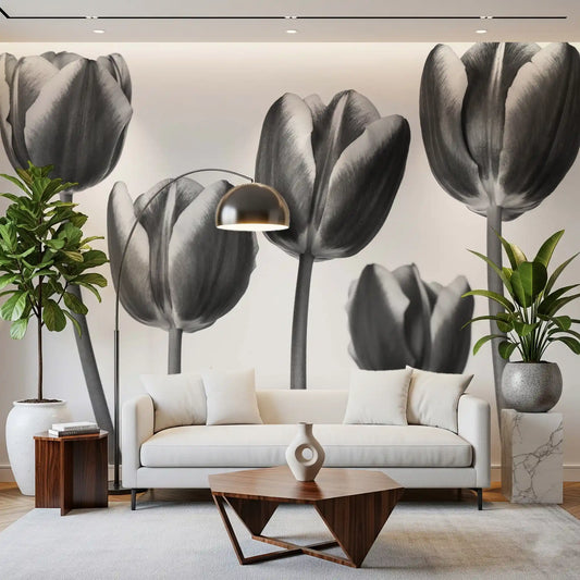 Monochrome tulip mural with five tall blooms in soft greyscale tones for living room GD10914 