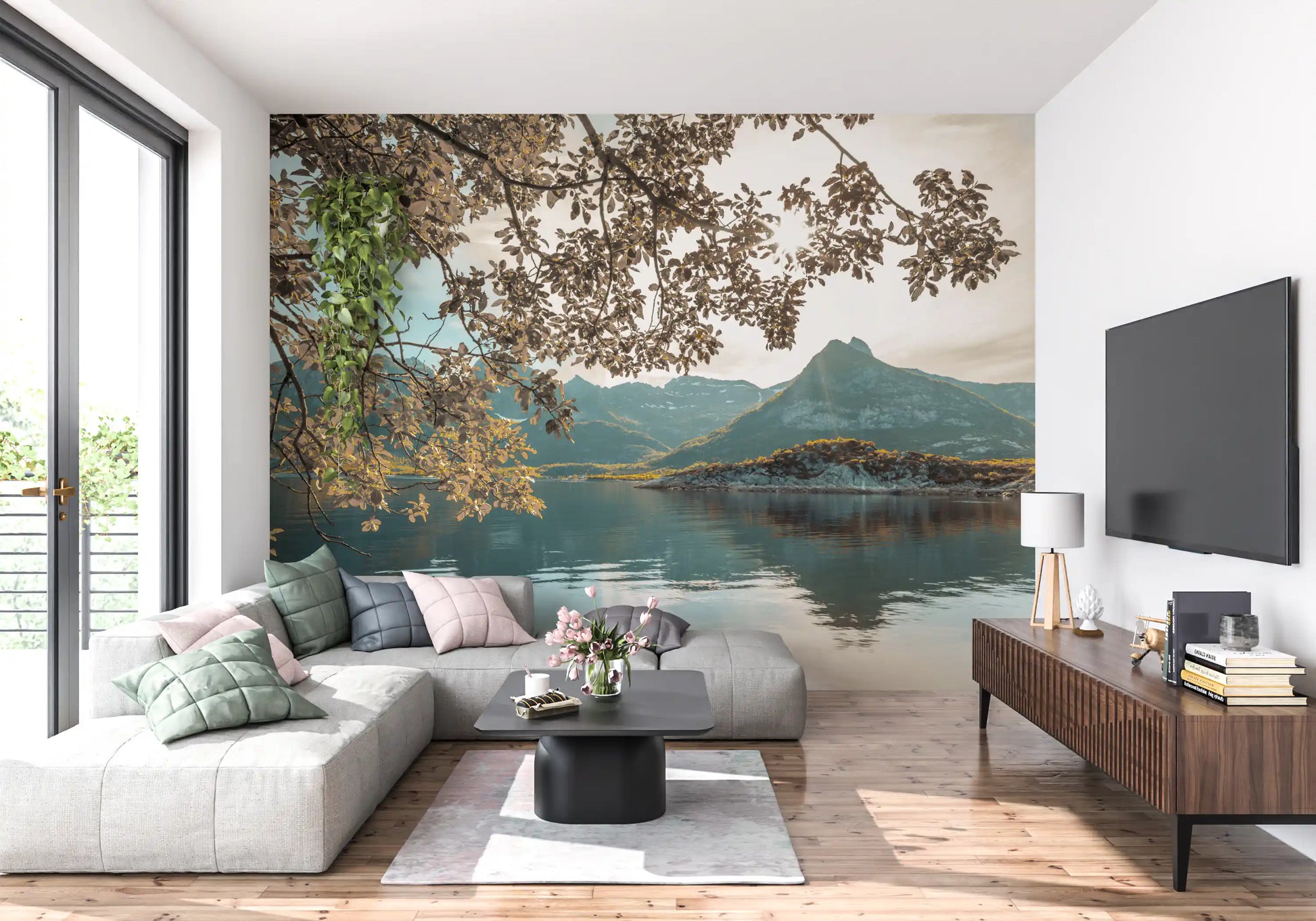 Sunlit Lake and Mountain Vista Wall Mural