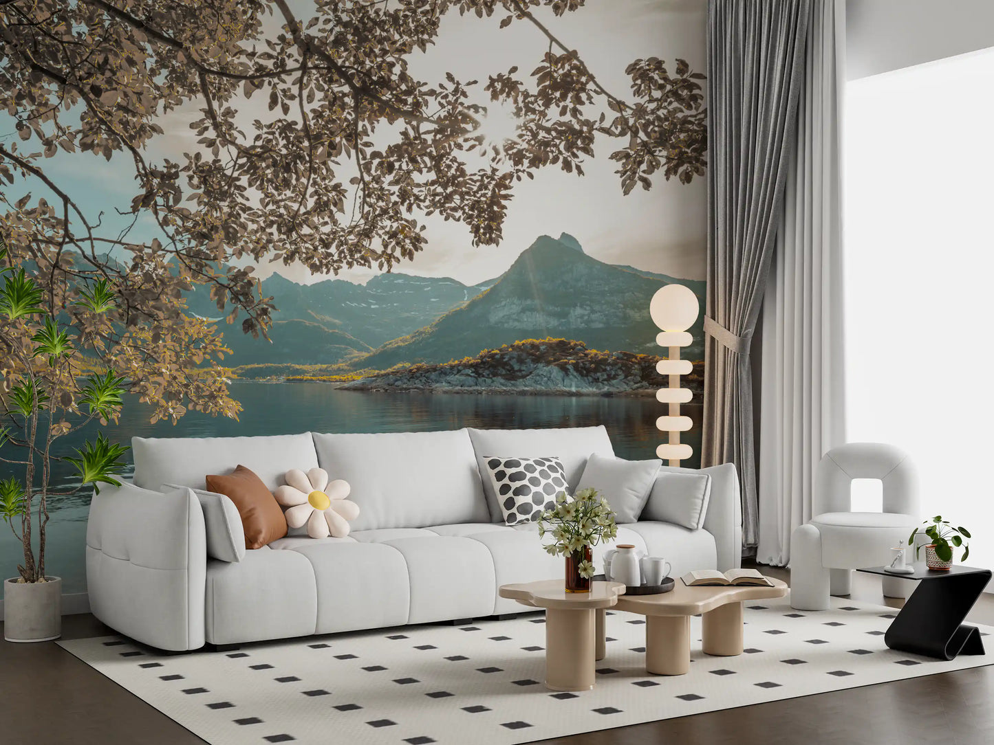 Sunlit Lake and Mountain Vista Wall Mural
