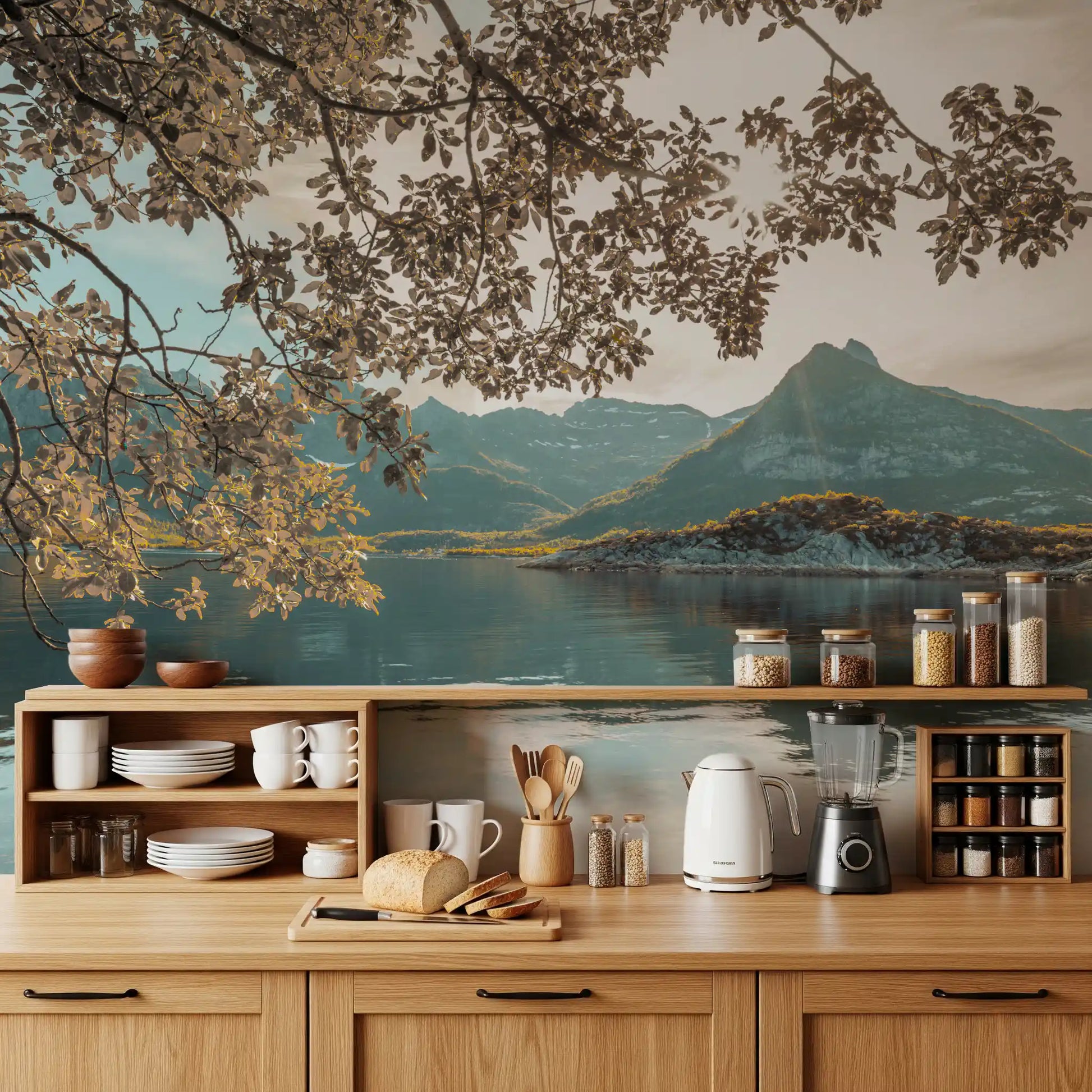 Sunlit Lake and Mountain Vista Wall Mural