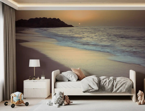 Golden Hour Coastline Wall Mural showing sunset beach and calm ocean waves in bedroom GD10916