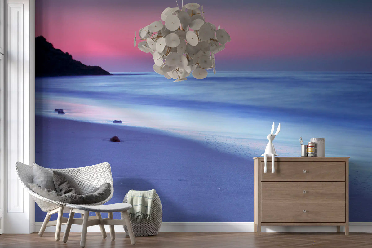Dusk coastline wall mural with lavender waves and pink-violet twilight sky in hallway GD10917 