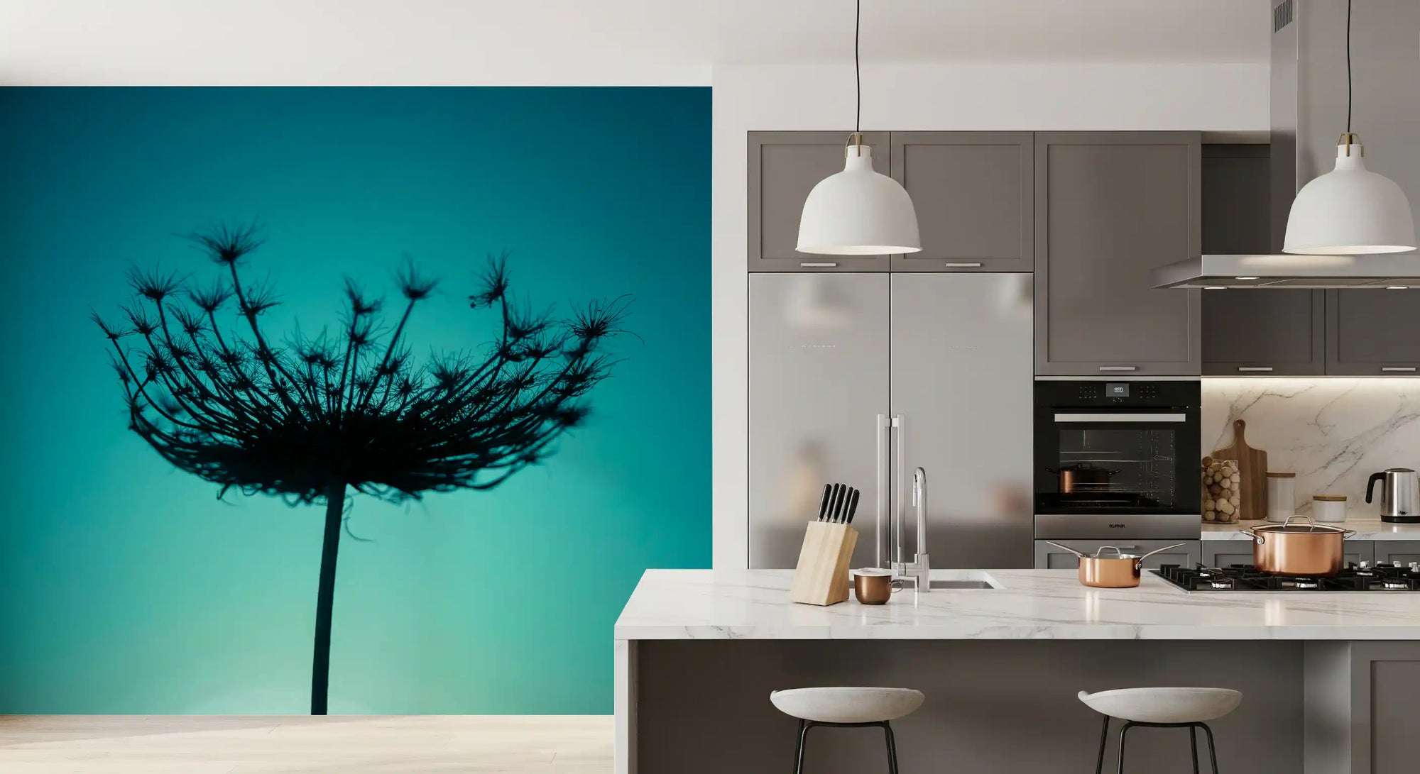 Teal wildflower silhouette mural with dark botanical stem against gradient sky in kitchen GD10918