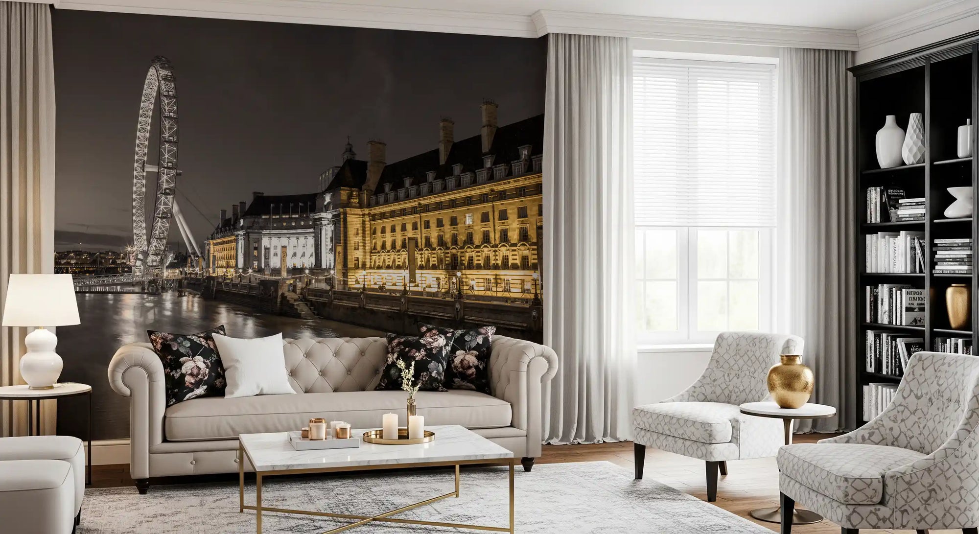 Nocturnal London Eye and County Hall mural with golden lit buildings at night in living room GD10919