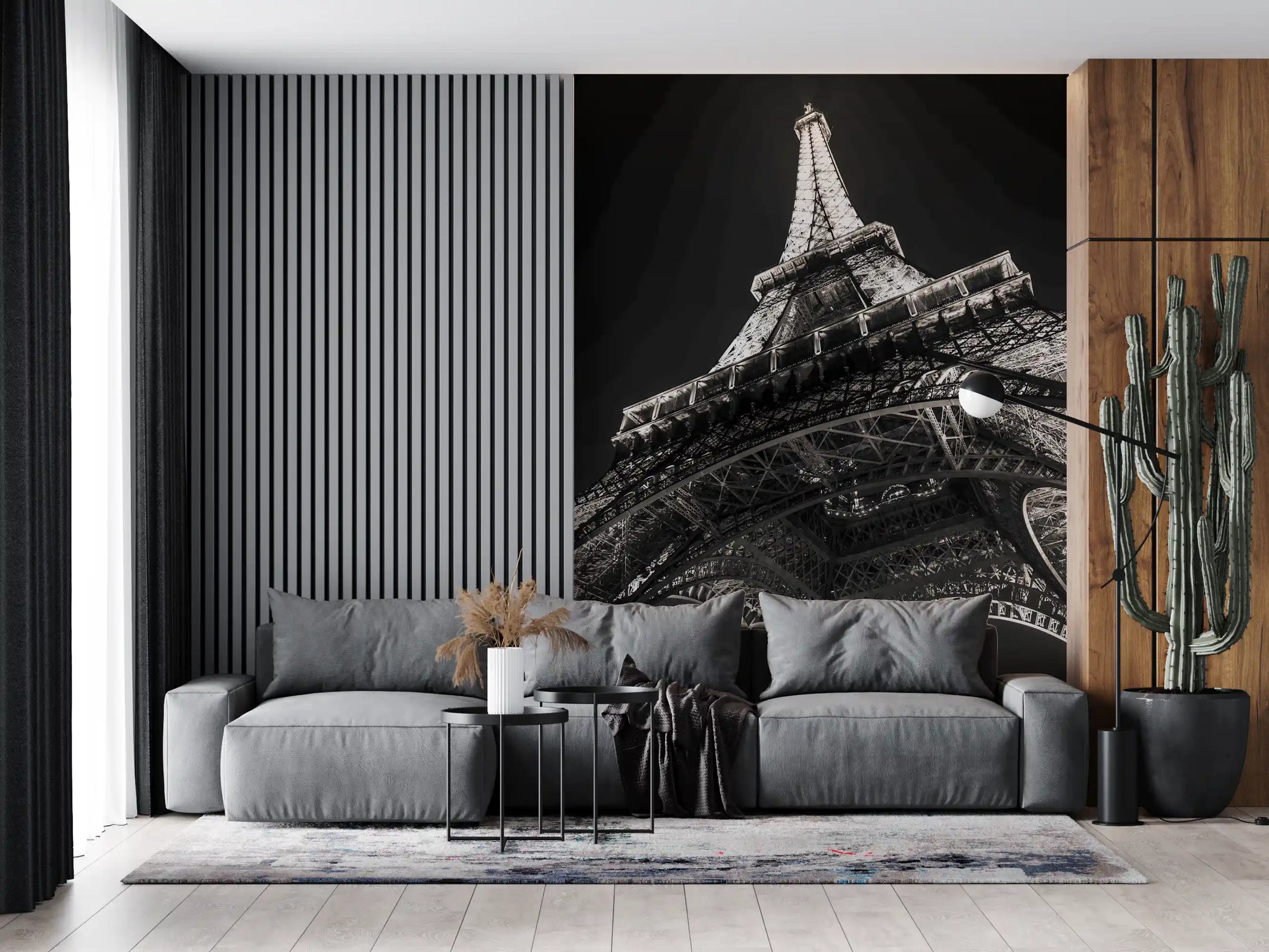 Parisian night iron tower mural in black and white from a low angle view for living room GD10921