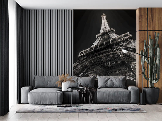 Parisian night iron tower mural in black and white from a low angle view for living room GD10921