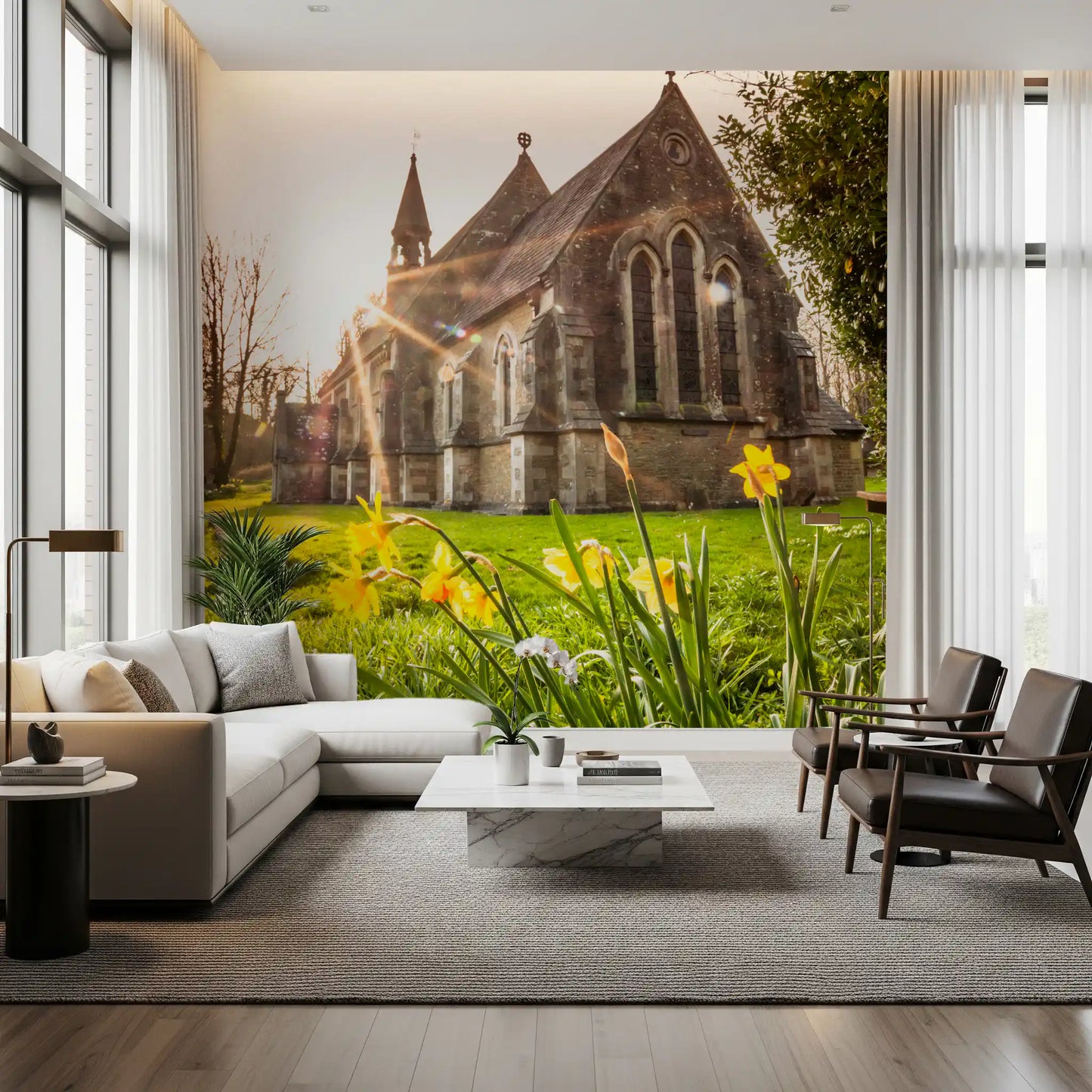Sunlit Country Church with Spring Daffodils Wall Mural