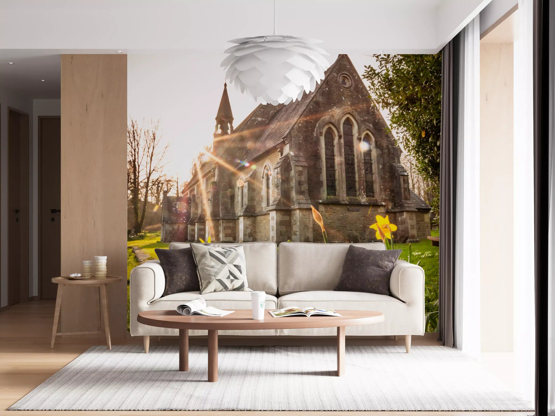 Sunlit Country Church with Spring Daffodils Wall Mural