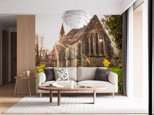 Sunlit Country Church with Spring Daffodils Wall Mural