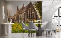 Sunlit Country Church with Spring Daffodils Wall Mural
