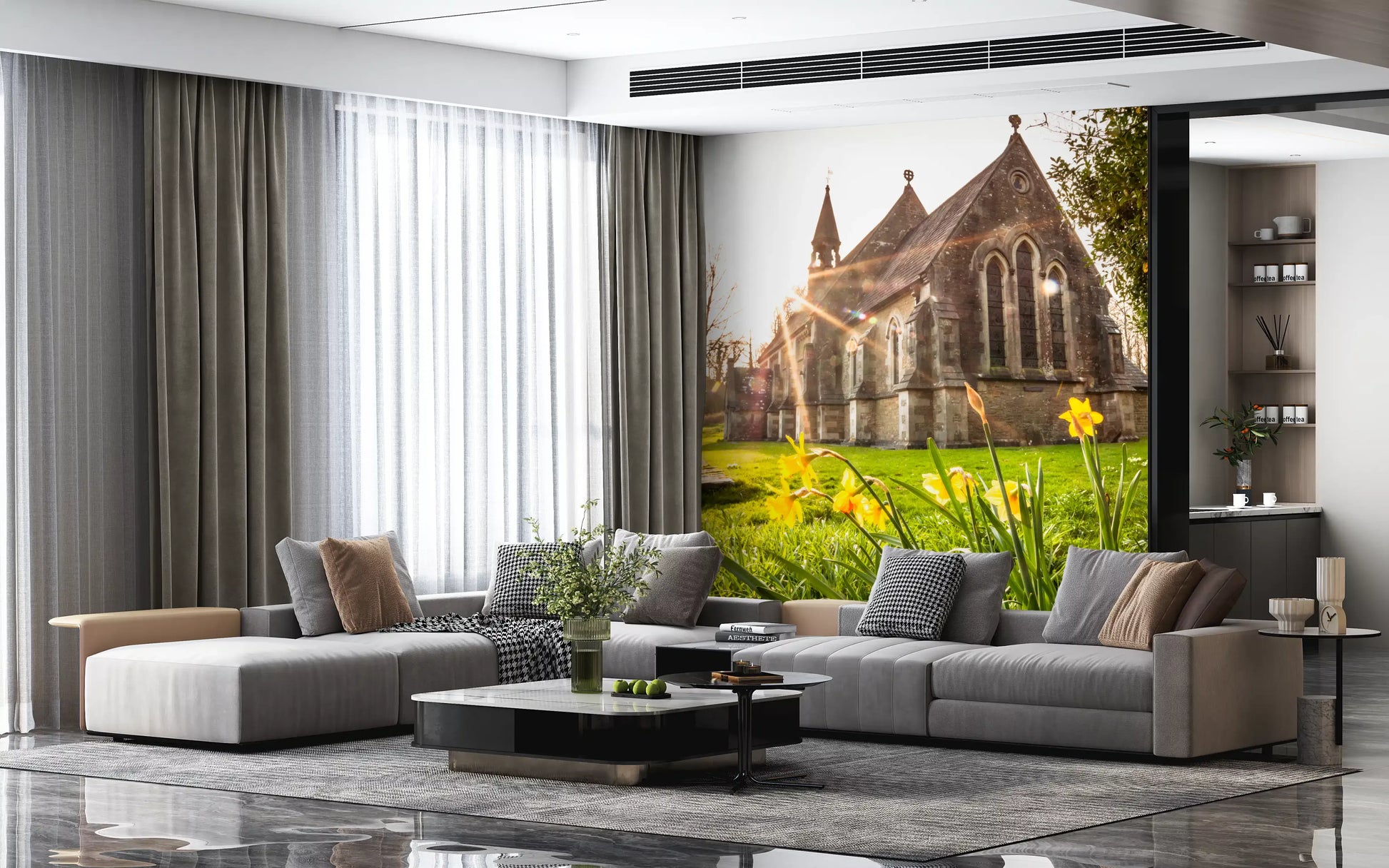 Sunlit Country Church with Spring Daffodils Wall Mural