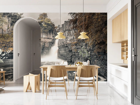 Misty falls and rocky cliffside mural with water plunging between layered rocks in dining room GD10924