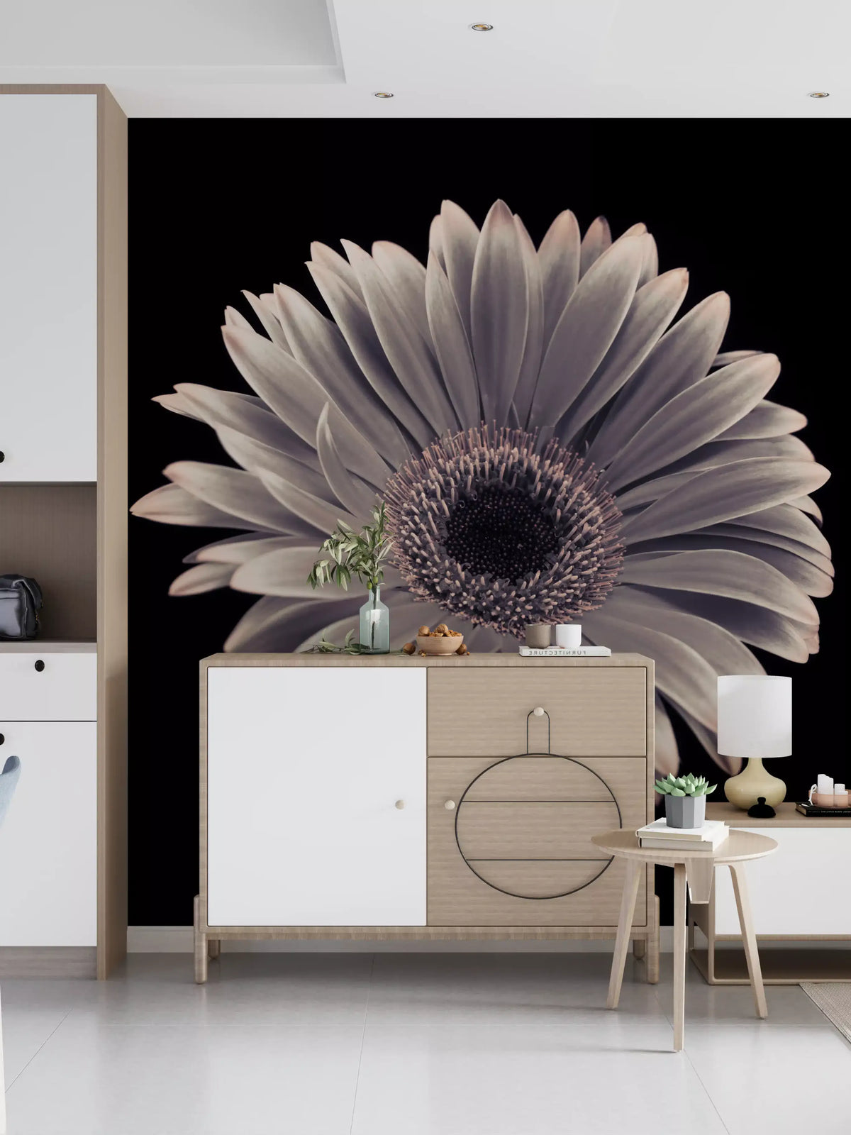 Midnight gerbera mural with pale lavender petals against a solid black backdrop in hallway GD10925