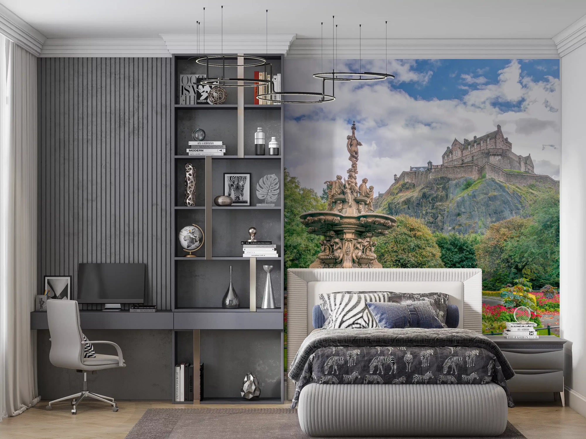 Edinburgh Castle wall mural with Ross Fountain and flower gardens below in bedroom GD10926
