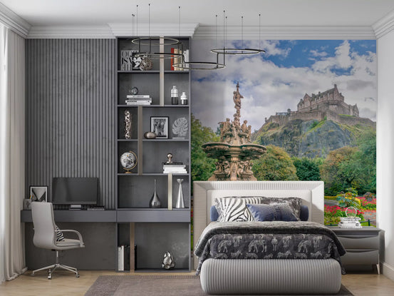 Edinburgh Castle wall mural with Ross Fountain and flower gardens below in bedroom GD10926