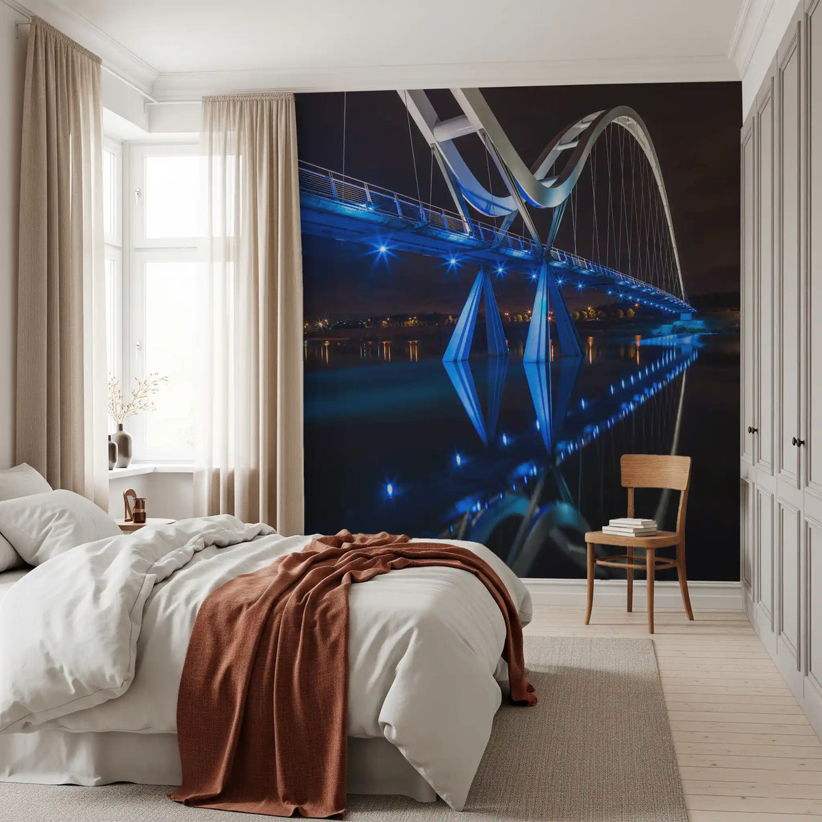 Stockton Infinity Bridge night wall mural with blue arch lights in bedroom GD10927