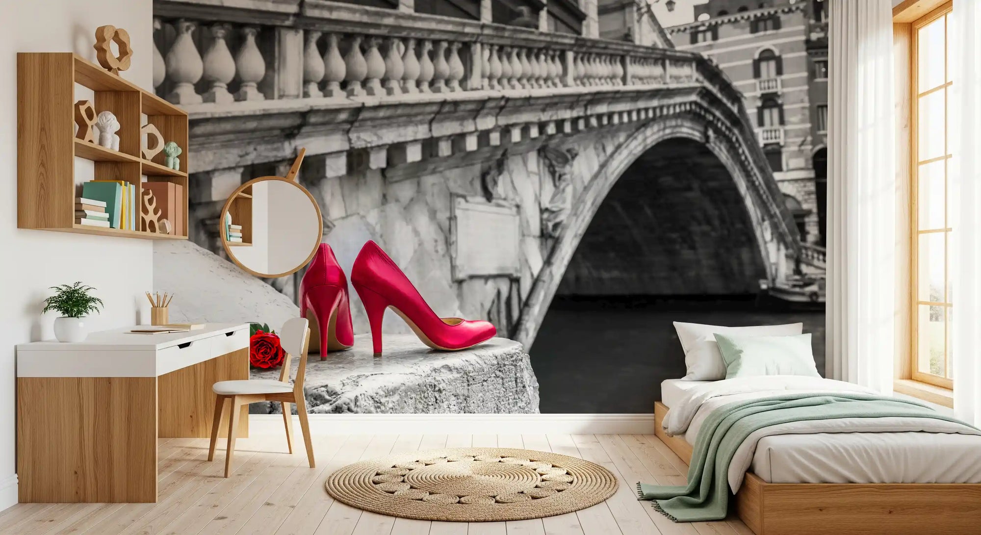 Red stilettos and rose on Rialto Bridge Venice wall mural in bedroom GD10928