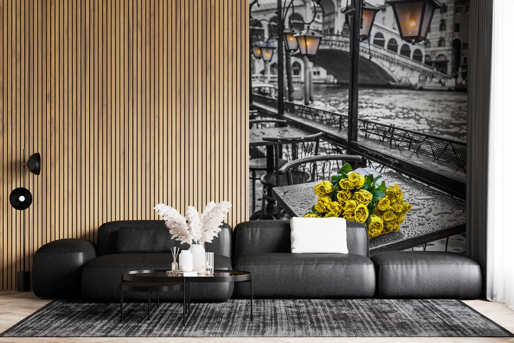 Yellow roses on cafe table with Rialto Bridge wall mural in living room GD10929
