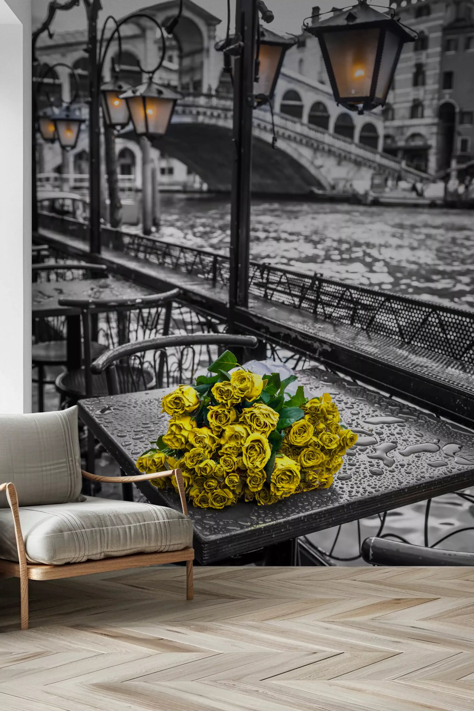 Venetian Rain with Golden Roses Wall Mural