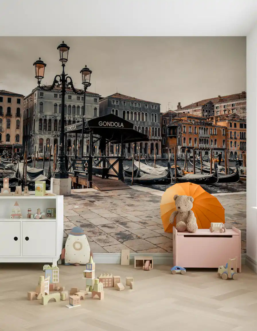 Serene Venice Canal with Orange Umbrella Wall Mural