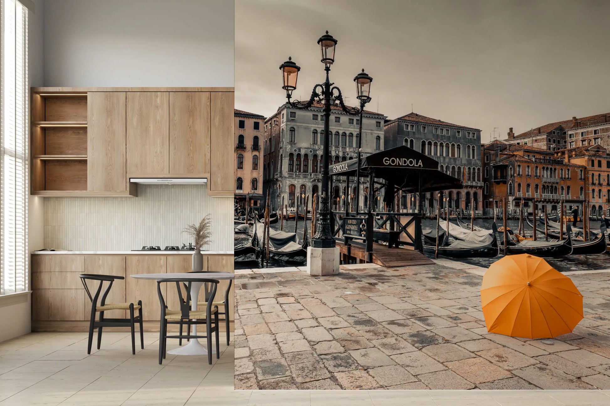 Serene Venice Canal with Orange Umbrella Wall Mural