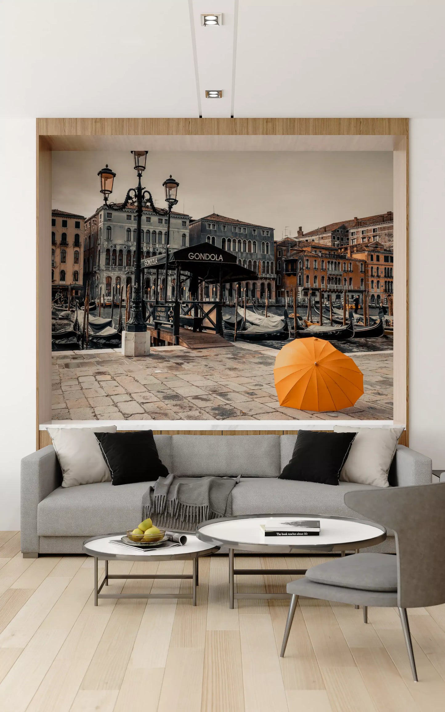Serene Venice Canal with Orange Umbrella Wall Mural