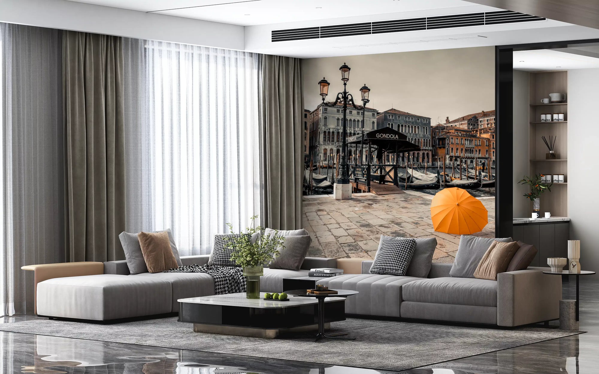 Venice canal wall mural with gondolas and orange umbrella in living room GD10930