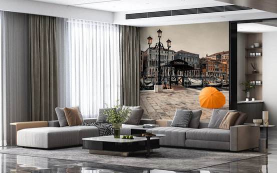 Venice canal wall mural with gondolas and orange umbrella in living room GD10930