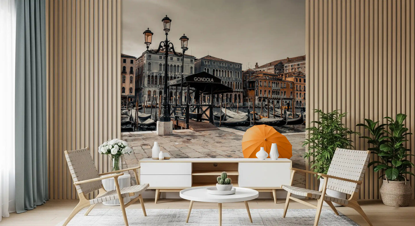 Serene Venice Canal with Orange Umbrella Wall Mural