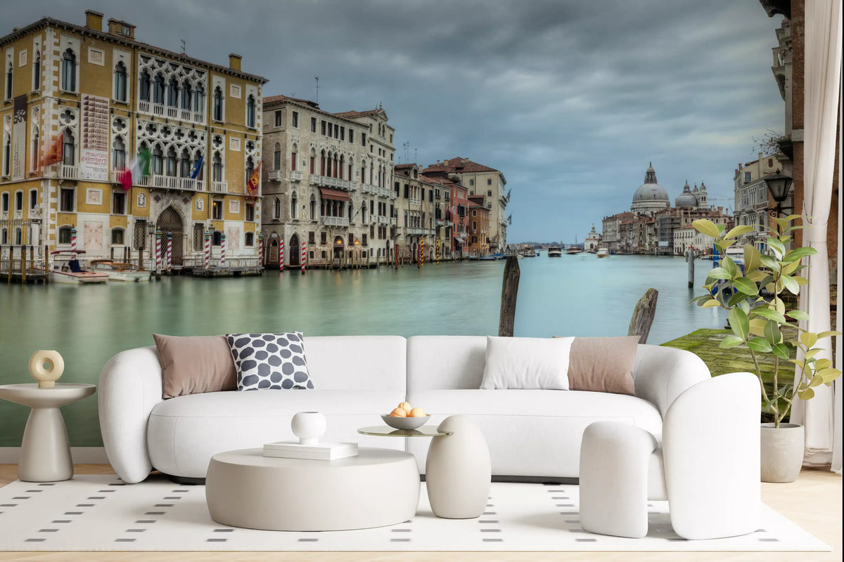 Venetian lagoon wall mural with Gothic palazzos and Salute dome in living room GD10931