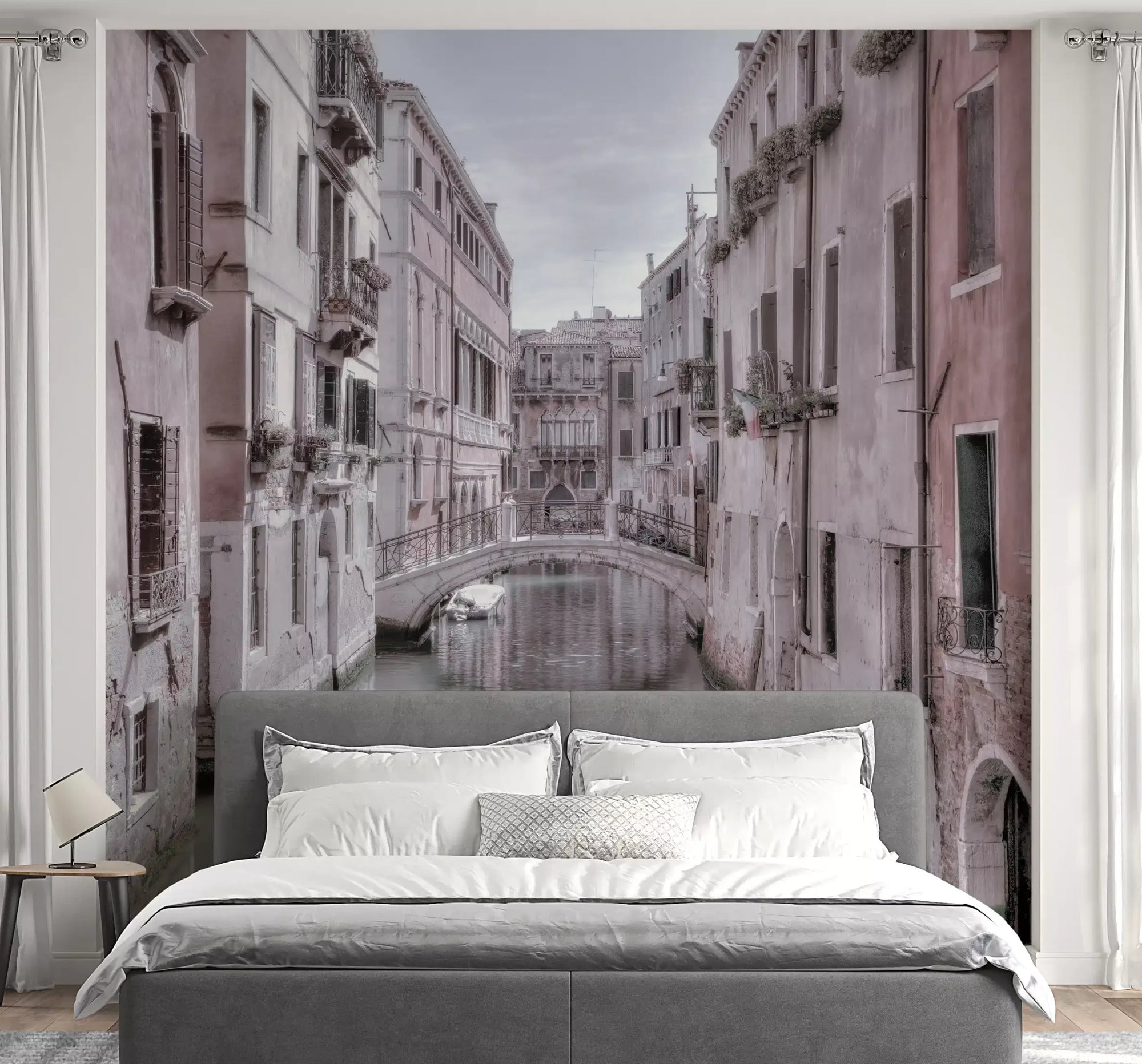 Narrow Venice canal wall mural with arched stone bridge in bedroom GD10932 