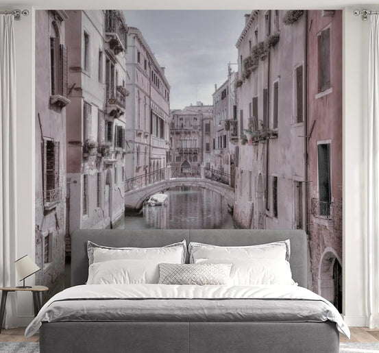 Narrow Venice canal wall mural with arched stone bridge in bedroom GD10932 