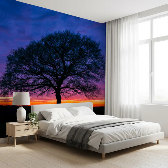 Solitary oak tree silhouette twilight sky wall mural in bedroom GD10933