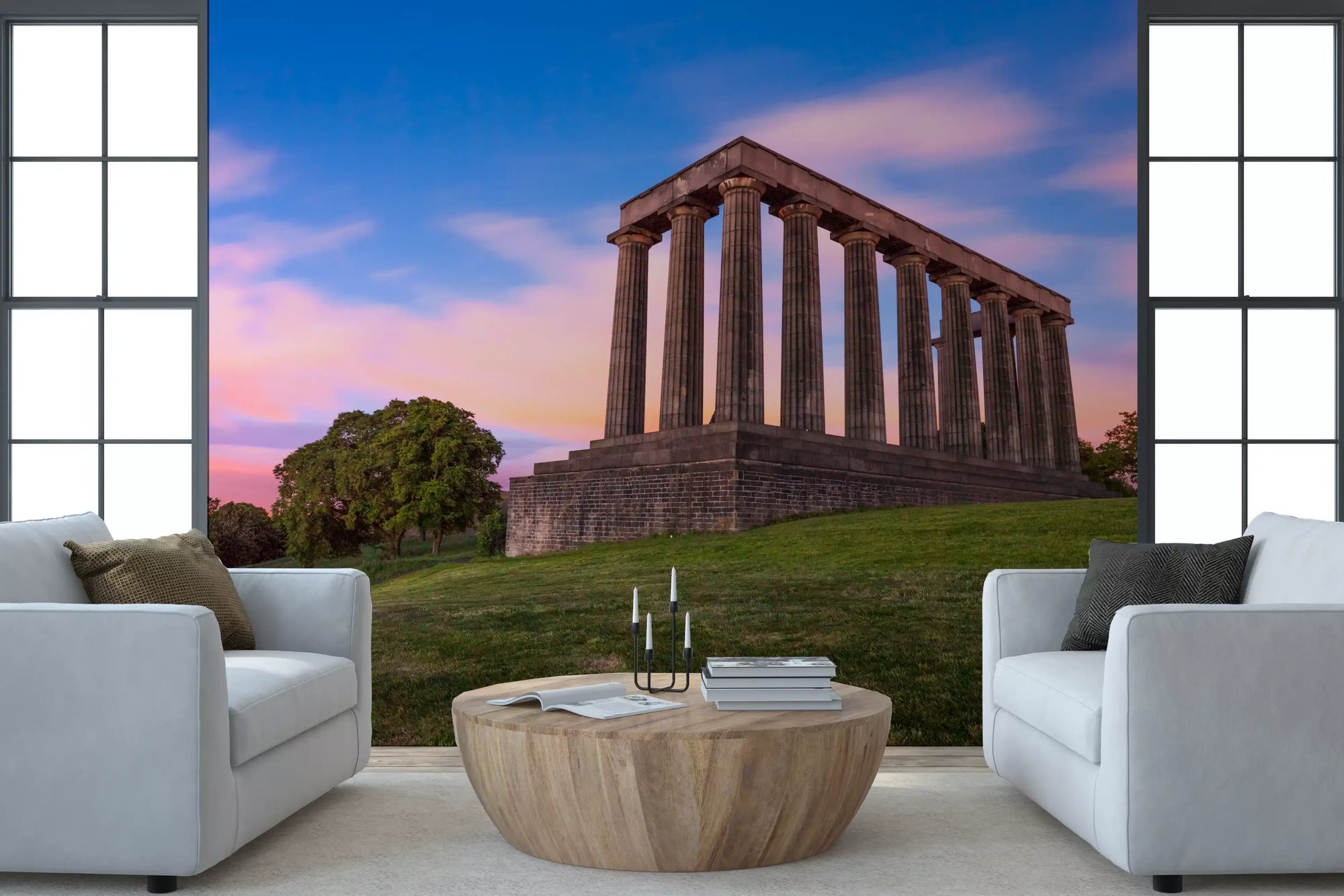 Calton Hill colonnade sunset wall mural with Doric columns in living room GD10934