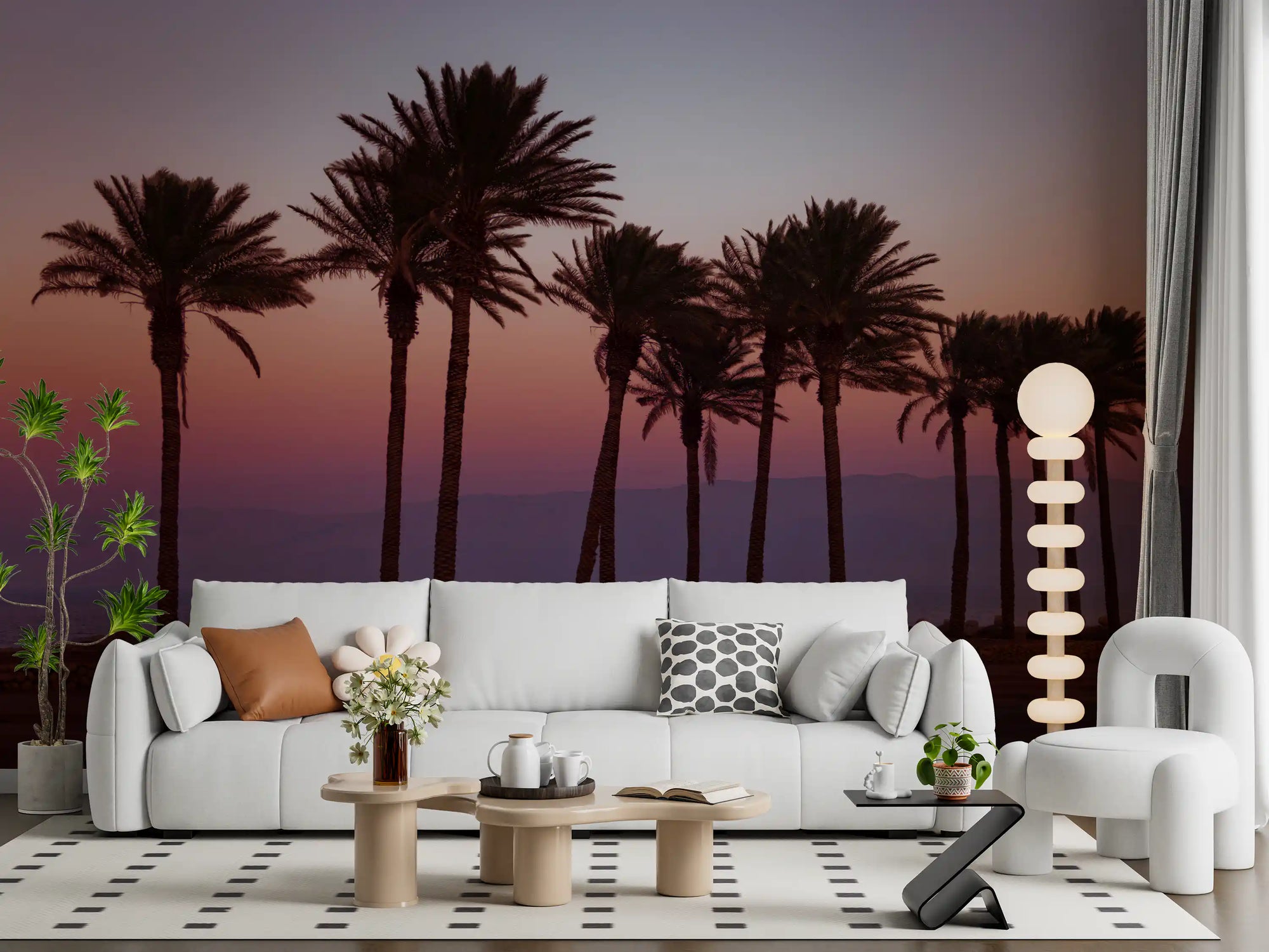 Palm silhouette wall mural against coral dusk sky in living room GD1093