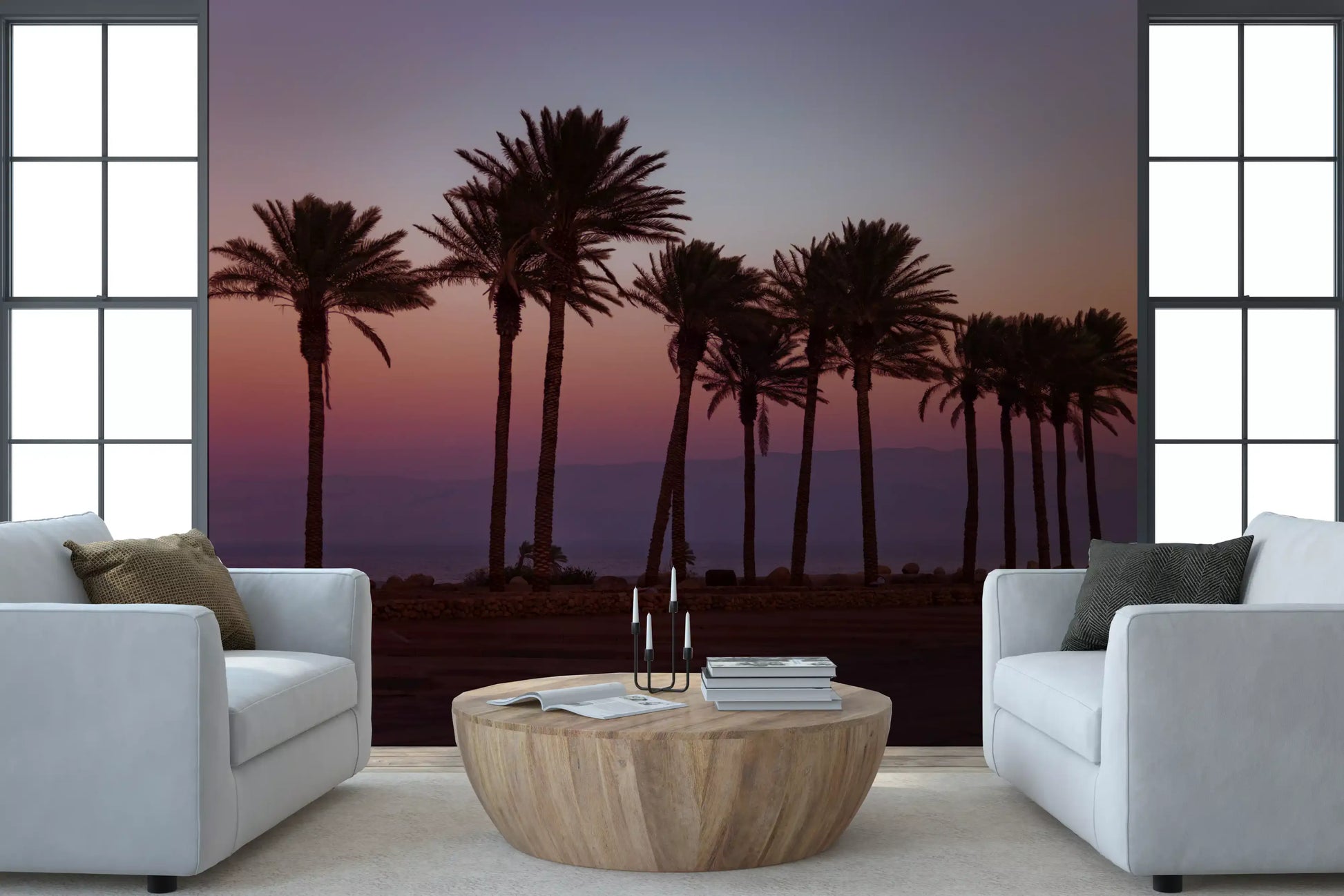 Dusk Palm Silhouettes Over Twilight Sea Wall Mural