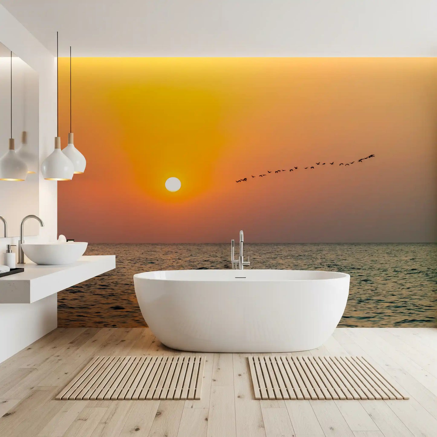 Golden Sea Horizon and Migrating Birds Wall Mural