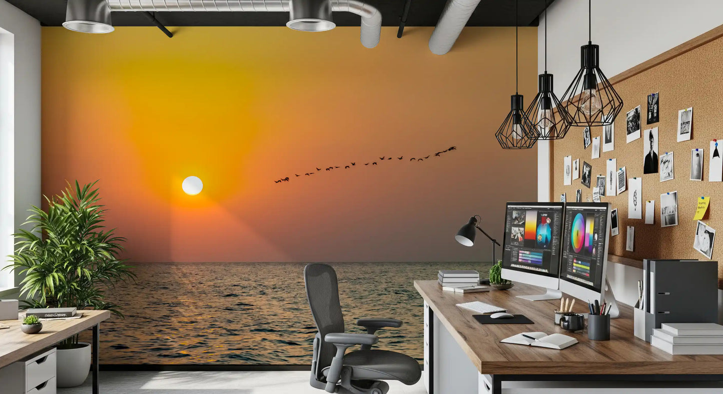 Golden Sea Horizon and Migrating Birds Wall Mural