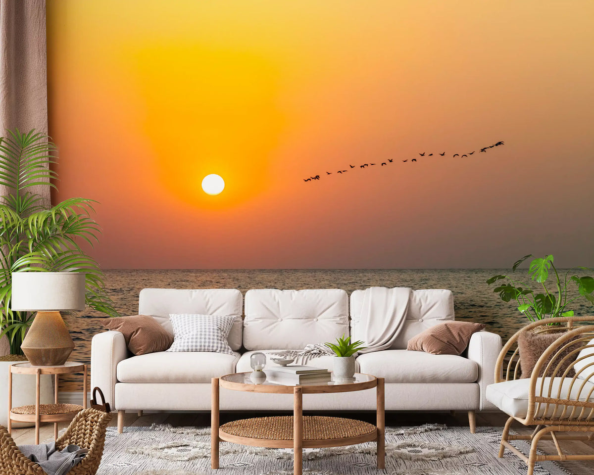 Golden sea horizon mural with migrating birds and warm sunset sky in living room GD10936