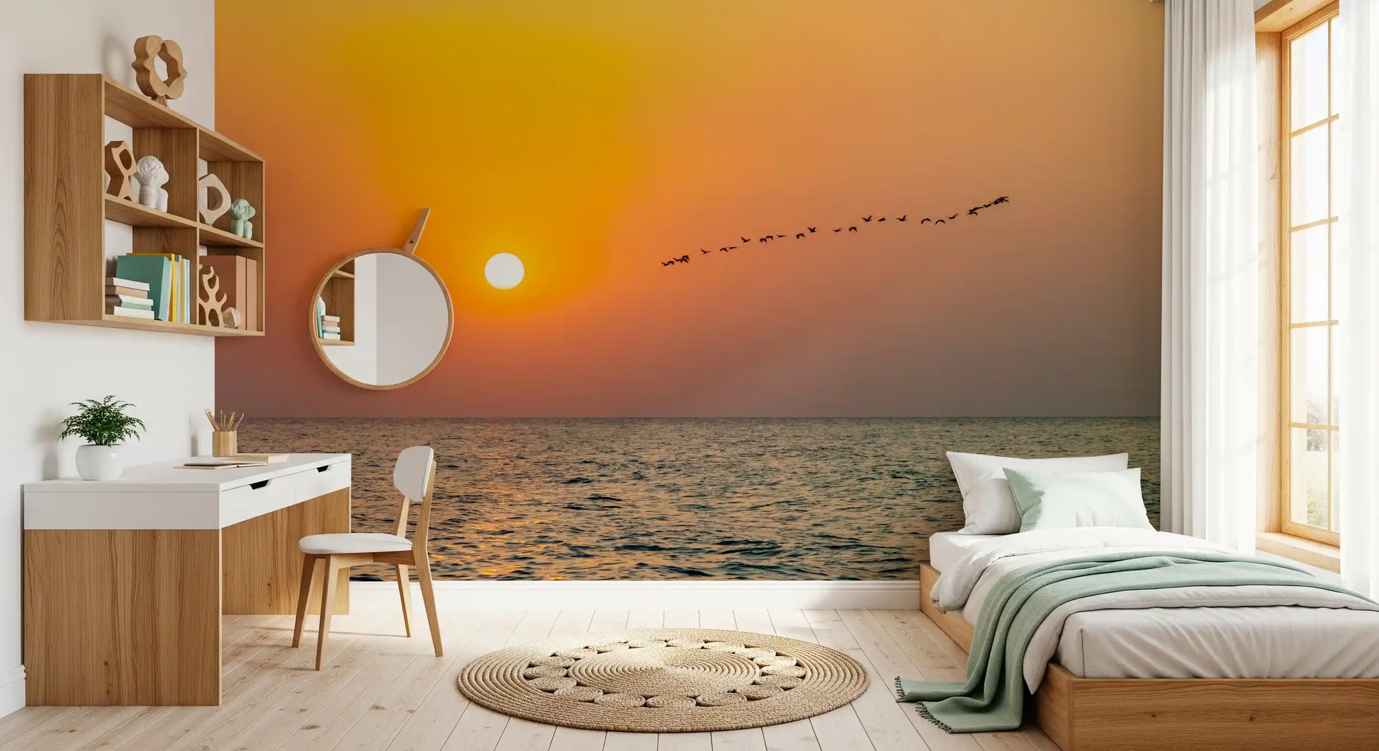 Golden Sea Horizon and Migrating Birds Wall Mural