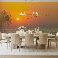 Golden Sea Horizon and Migrating Birds Wall Mural