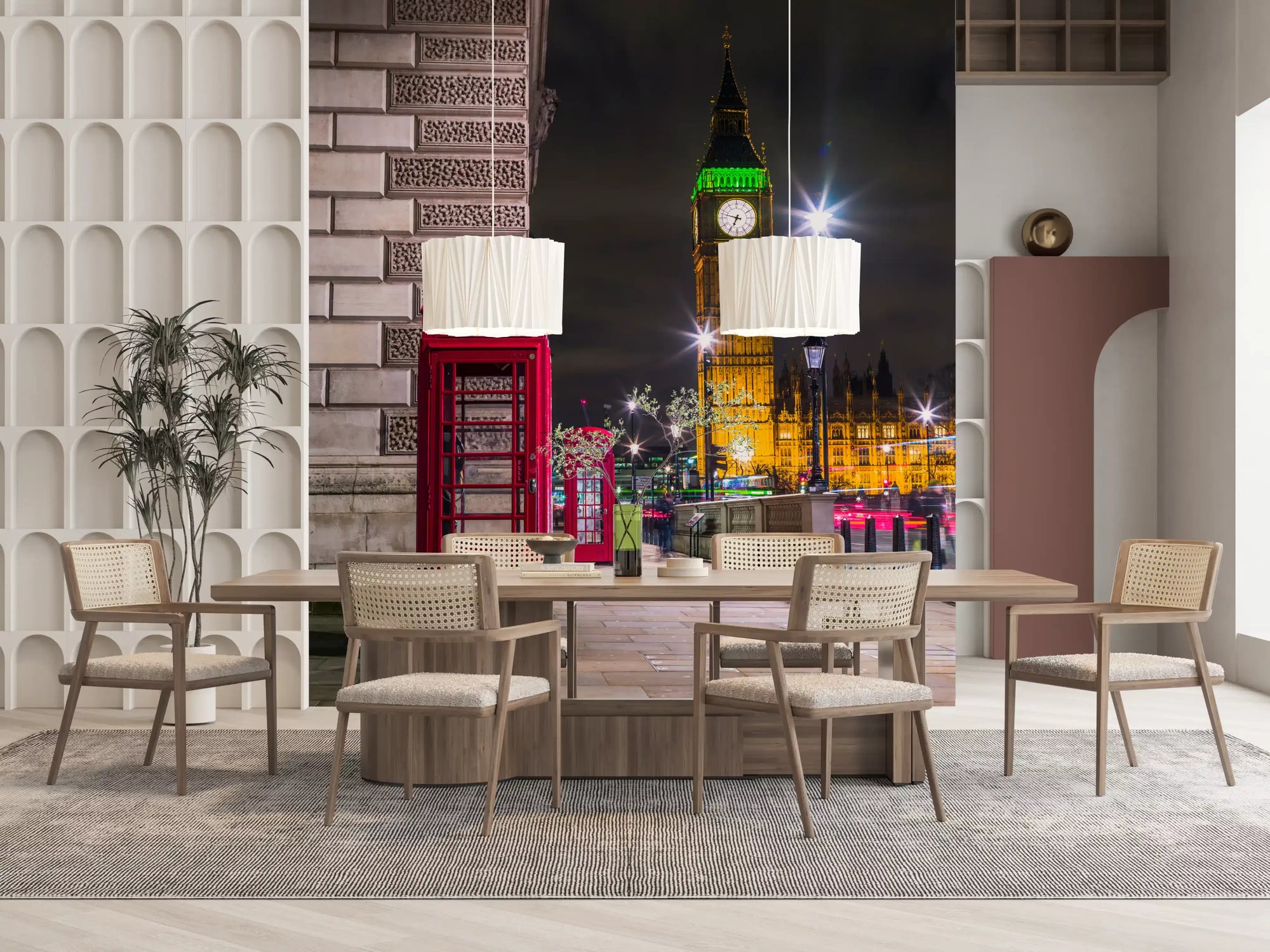 Midnight London mural with red phone booths and lit clock tower in dining room GD10937 